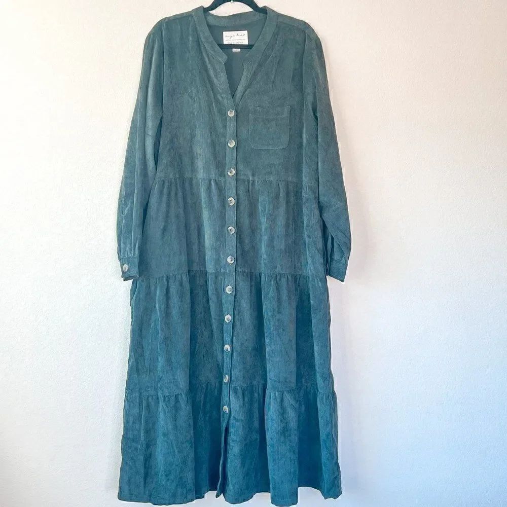 Evy's Tree - The Scarlet Corduroy Sage Green Midi Dress, Women's Size 1X